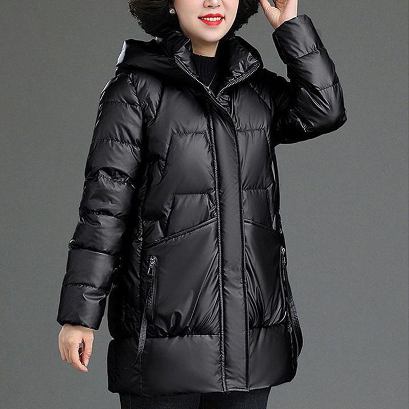 Winter Women's Shiny No-wash Padded Jacket   Mid-length Hooded Padded Coat