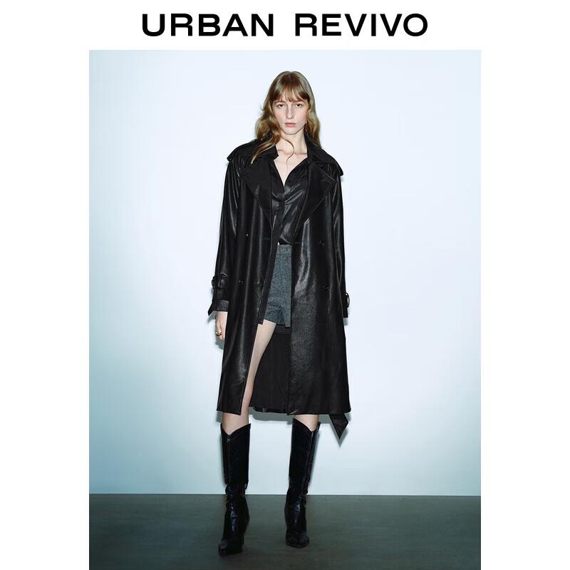 UR 2025 Winter Women's PU Double-Breasted Belted Trench Coat