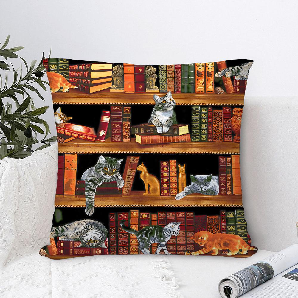 Cat in Library Painting Pillow Case Plush Fabric Soft  Pillowcase Double Sided Print Cushion Cover Household Gifts