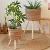 Rattan Indoor Plant Stand Straw Woven Flowers Pots Holder Stool With Legs Floor Planter Baskets Rack Wood Plant Shelf