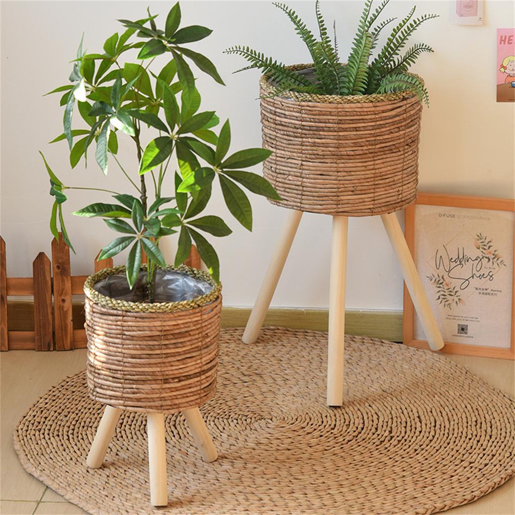 Rattan Indoor Plant Stand Straw Woven Flowers Pots Holder Stool With Legs Floor Planter Baskets Rack Wood Plant Shelf