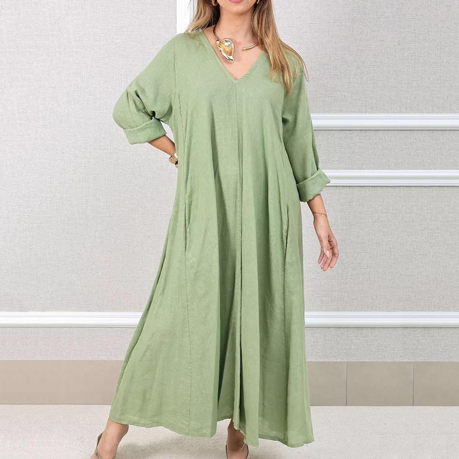 

Женское модное однотонное ретро повседневное платье с длинным рукавом (без ремня) XL зелёный