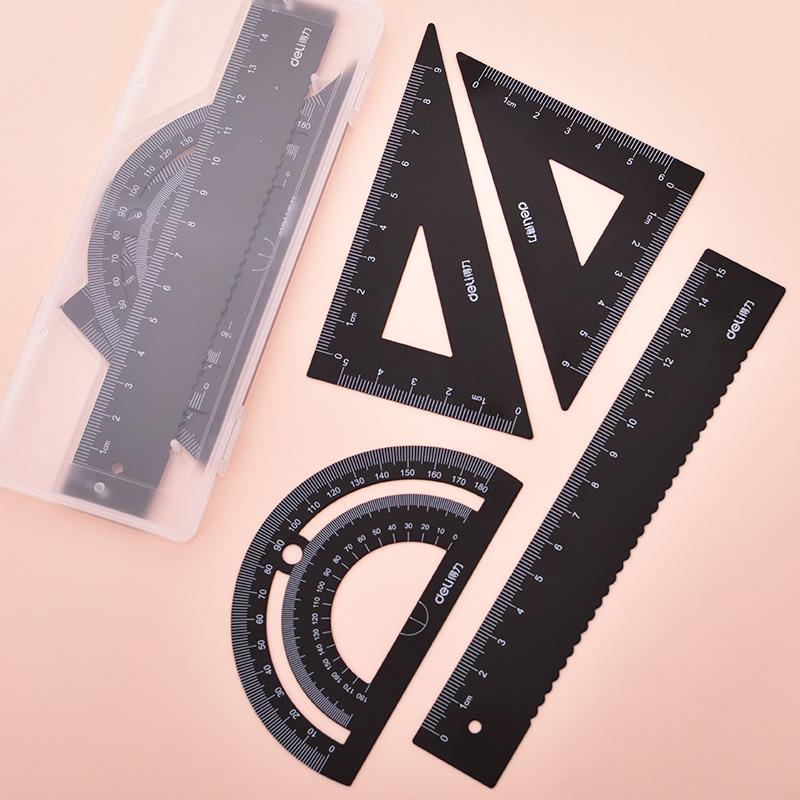 DELI Metal Ruler 20cm Set Stationery for Students Straightedge Triangle Ruler with Wave Line Protractor, Compass Triangle Plate