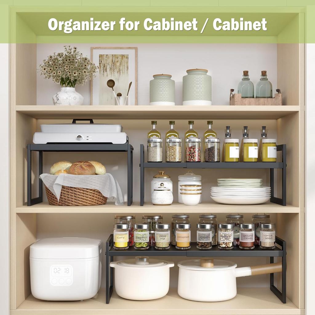 DOLALIKE Expandable kitchen Countertop Organizer, Stackable Cabinet Shelf Organizers, Space Saving Spice Rack Pantry Storage for Bathroom Office