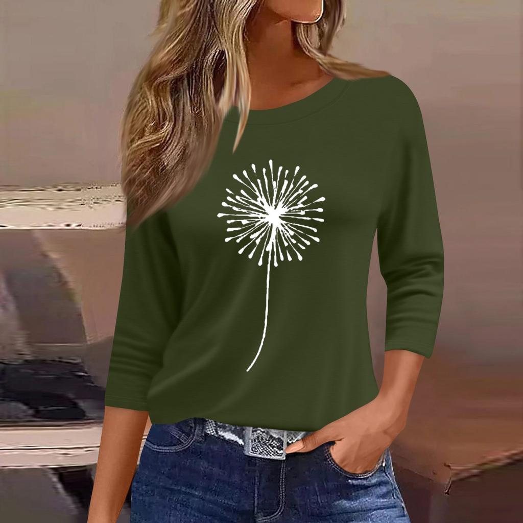 Dámská móda ležérní tričko s kulatým výstřihem, 3/4 rukávem, volným potištěným tričkem, dámský top