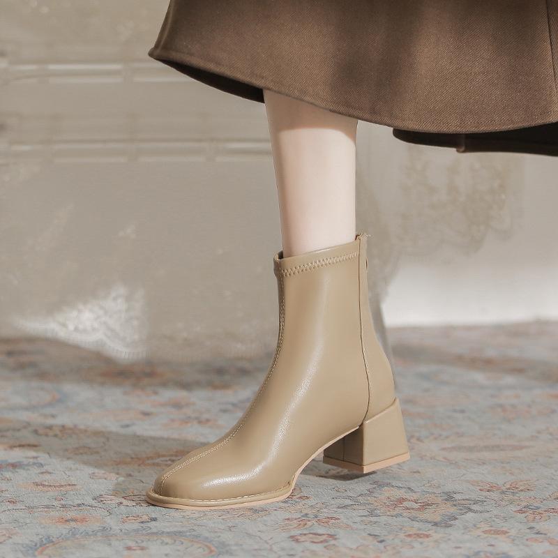 

Coarse heel Martin boots women s 2025 autumn and winter new Internet celebrity explosion versatile simple square head high heel thin elastic short boo 40
