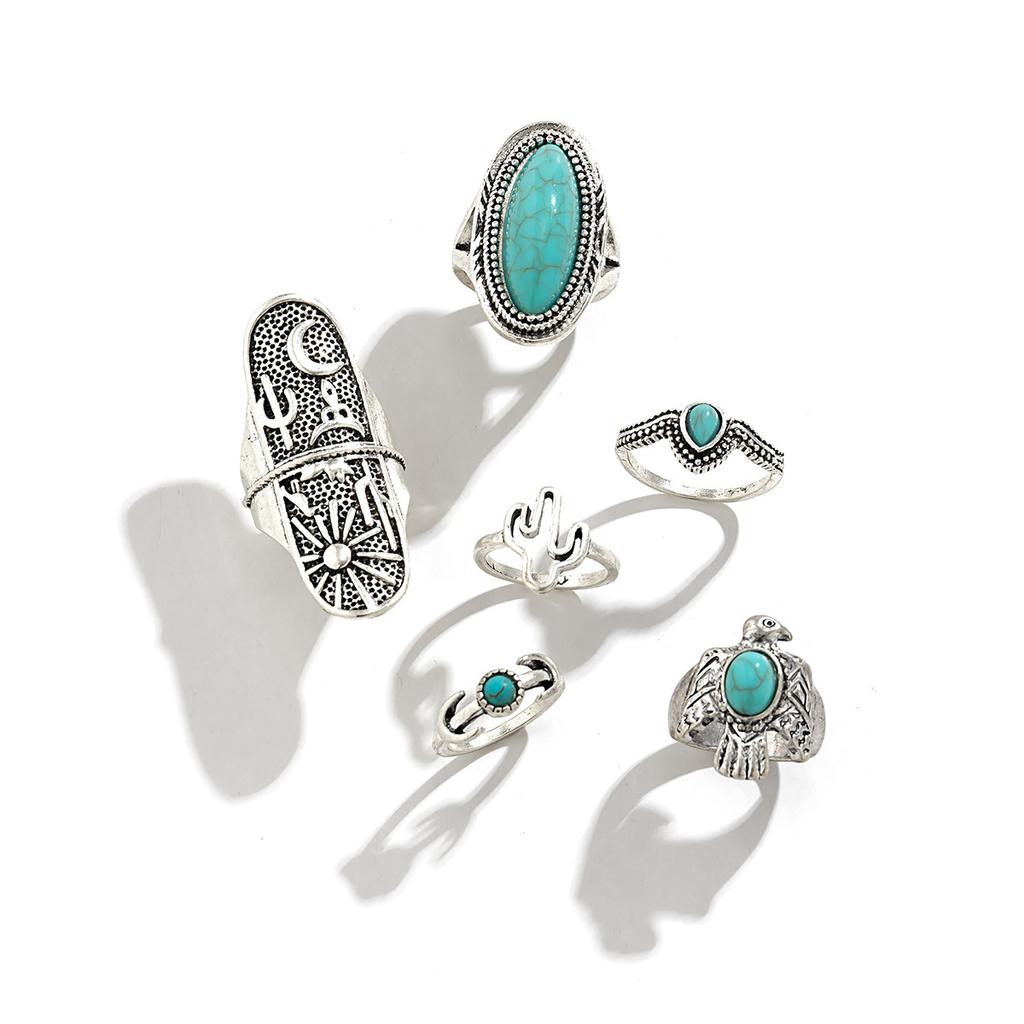 Retro And Old Totem Turquoise Pattern Joint Ring, Ethnic Style Metal Flower Plate Ring Set.