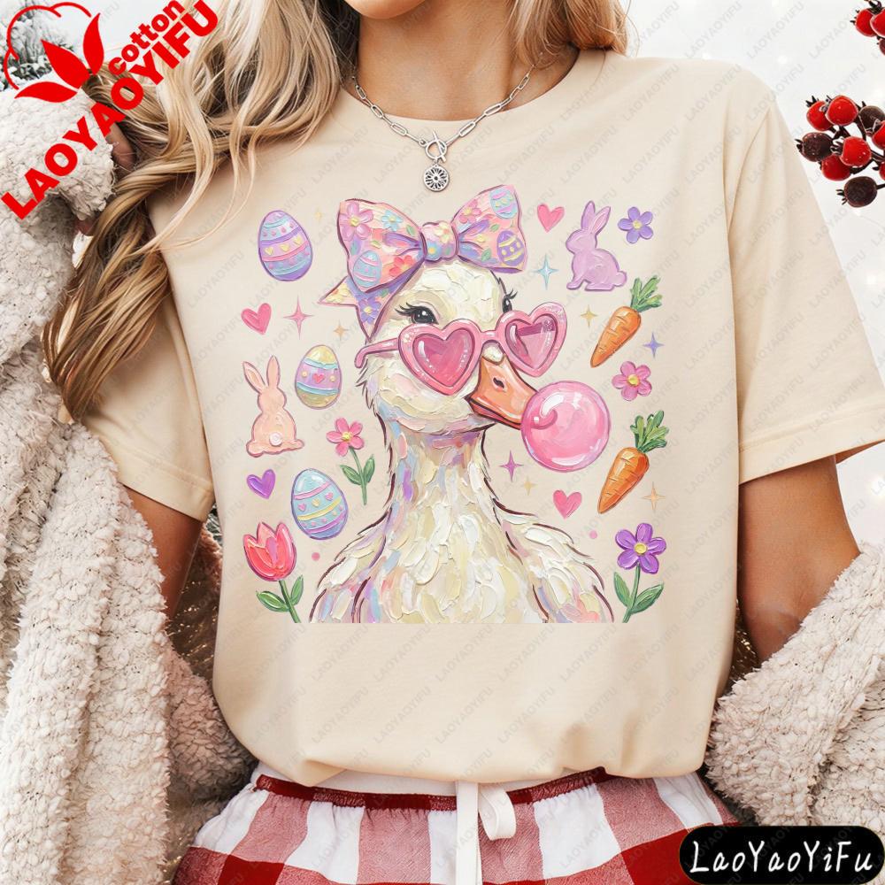 Easter Themed Duck Print T-shirt Cute Cartoon Animal Graphic Tops Women Casual Short Sleeve Crew Neck Holiday Tees