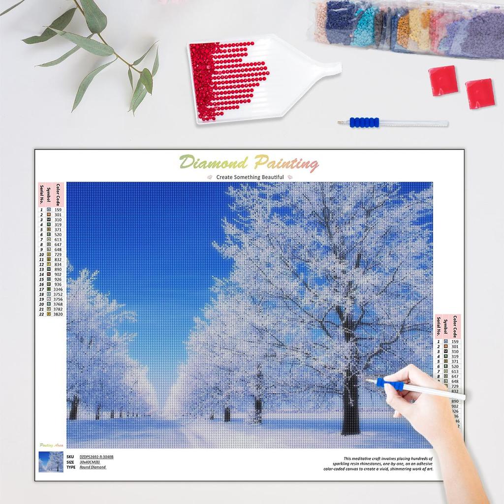 Diamentowy obraz haft zimowy szron w pełni z okrągłych krajobrazów artystycznych śnieg ścieg krzyżykowy mozaika ręcznie robiony prezent 30x40cm/12x16 cali