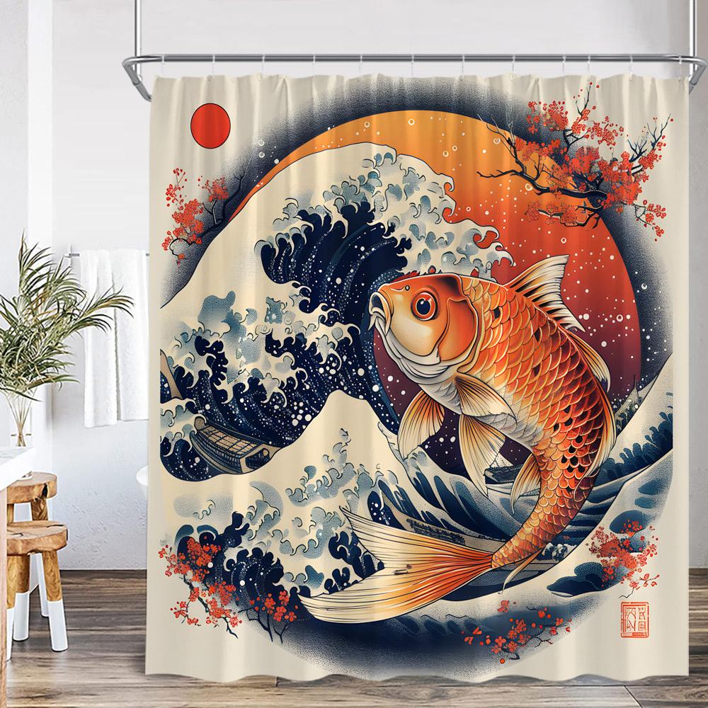 

Японская шторка для душа Кои Волны Красное солнце Сакура Благословение Удача Декор для ванной комнаты Классическая полиэстеровая шторка для ванны с крючком 90x180cm-35x70in