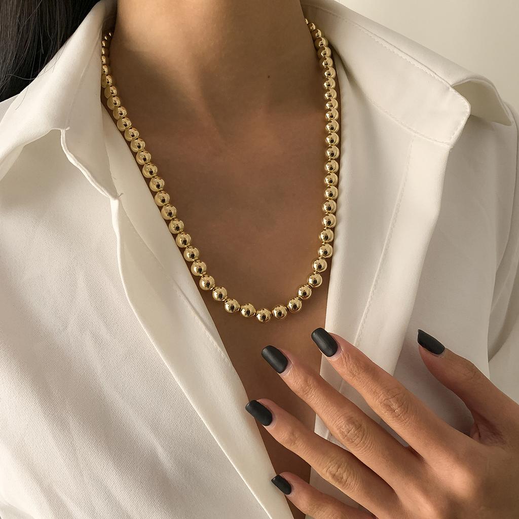 Retro Simple Imitation Pearl Tag Necklace, Hip-Hop Trend Round Bead Snake Bone Chain Necklace