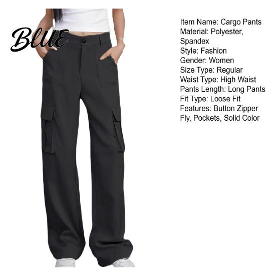 Loose Fit Leg-modifying Pants Women Cargo High Waist Button Zipper Fly Casual Long Trousers Solid