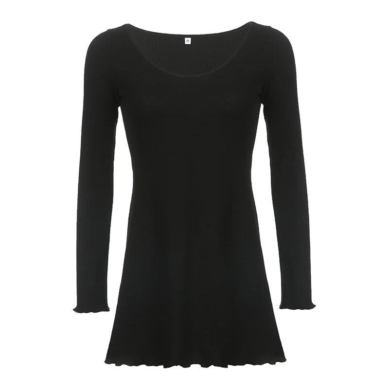 Herbst Party Kleid Solide Elegante Ausgestelltes Volle Hülse Dünne Gestrickte Mini A-linie Kleider Frauen Kleidung Koreanische