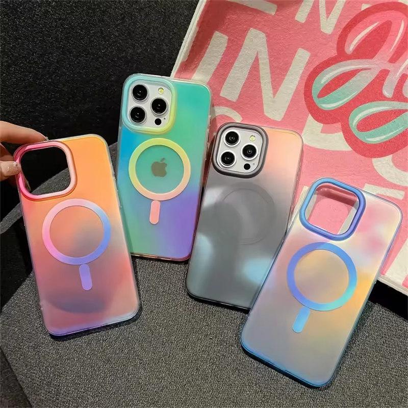 Aurora Gradient Matte Magnetic Case For iPhone 16 15 14 Pro Max 16 Plus 13 Laser Colorful Rainbow for Magsafe Shockproof Cover