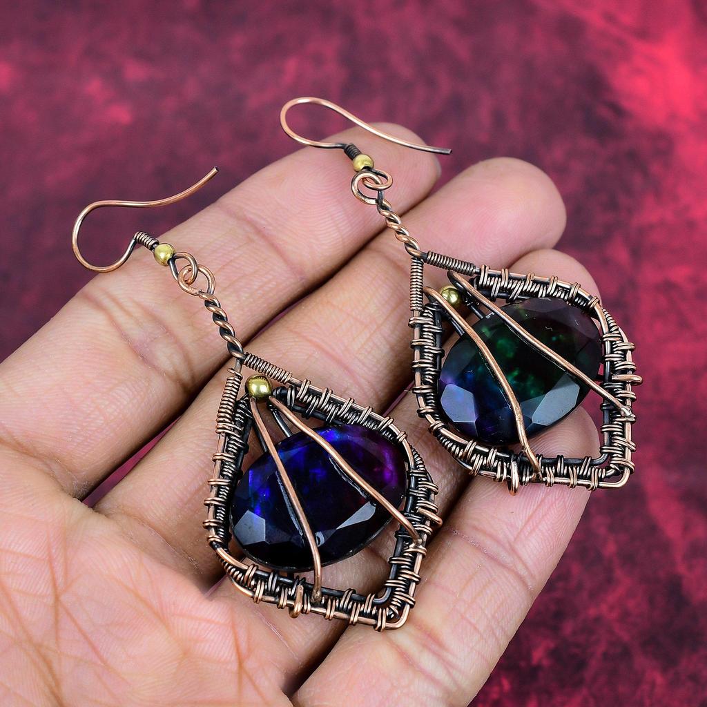 Faceted Ammolite Earrings Copper Wire Wrapped Earring Handmade Gemstone Earrings Ammolite Jewelry Anniversary Gifts Wonderful Copper Jewelry