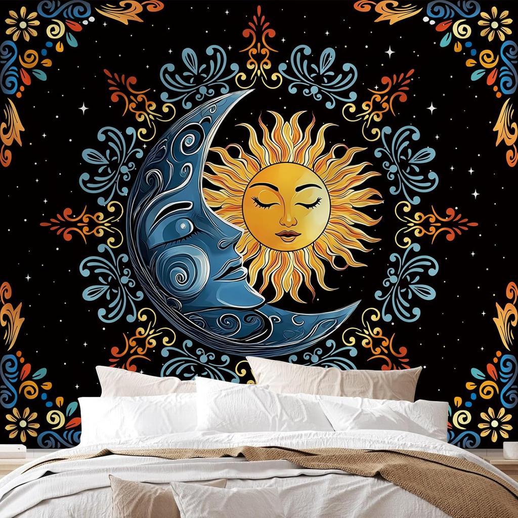 Sun and Moon Tapestry Wall Hanging, Boho Hippie Vintage Celestial Starry Sky Tapestries, Flower and Stars Wall Decor for Bedroom