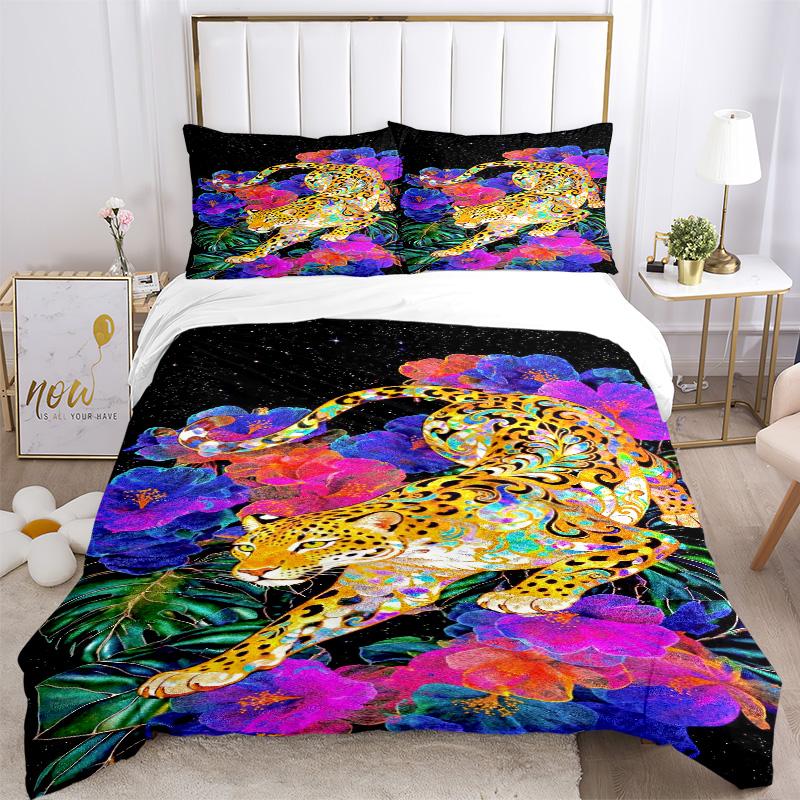 Floral Leopard Bedding 3 Piece Set HD Print Duvet Cover Pillowcases for Teens Adult Bedroom Decoration Christmas Gift