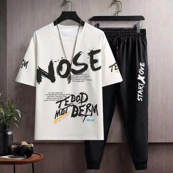 

Мужской комплект спортивной одежды из 2 шт./компл., футболка с круглым вырезом и коротким рукавом с буквенным принтом, спортивные штаны с эластичной резинкой на талии и шнурком, комплект, повседневный спортивный костюм M небесно-голубой