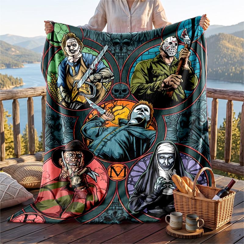 Warm Flannel Blanket Horror Movies Pattern, Lightweight Comfortable Throw Blanket for Bed Sofa Use