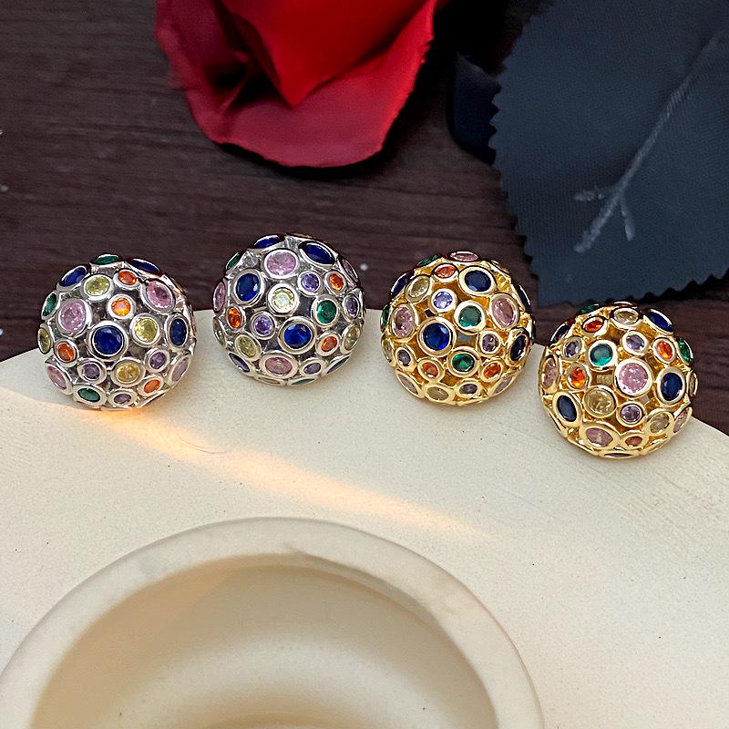 Vintage Spherical Stud Earrings with Colorful Zircon - Retro Court-Style Luxury