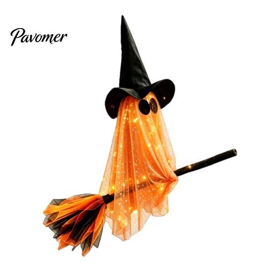 Creative Halloween Holiday Gifts Flying Ghost with Witch Broom, Large Lighted Hanging Decoration Waterproof Haunted House Supplies Hat for Lawn Patio