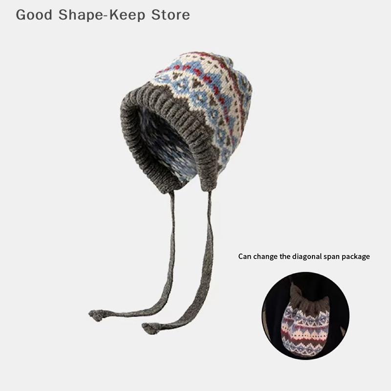 Striped Spliced Knitted Brimless Hat Ethnic Retro Style Woolen Hats Thickened Warm Resistant, Ear Protection Caps, Autumn Winte