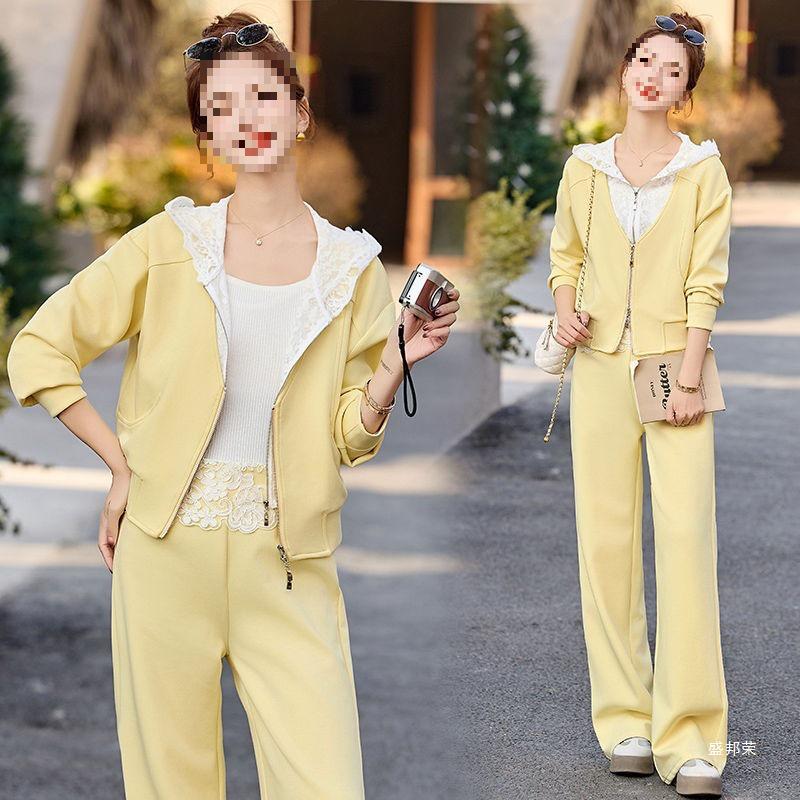 2025 New Style Gray Sweatshirt Hoodie and Zip-Up Jacket Faux Two-Piece with Straight-Leg Pants Set #903