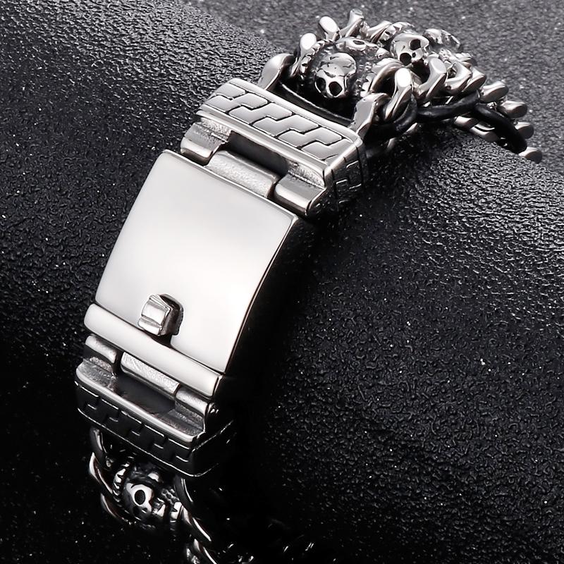 Bransoletka z gotyckiej czaszki dla mężczyzn ze stali nierdzewnej 316L, męskie bransoletki z ogniwami, punkrockowa skórzana bransoletka na rękę