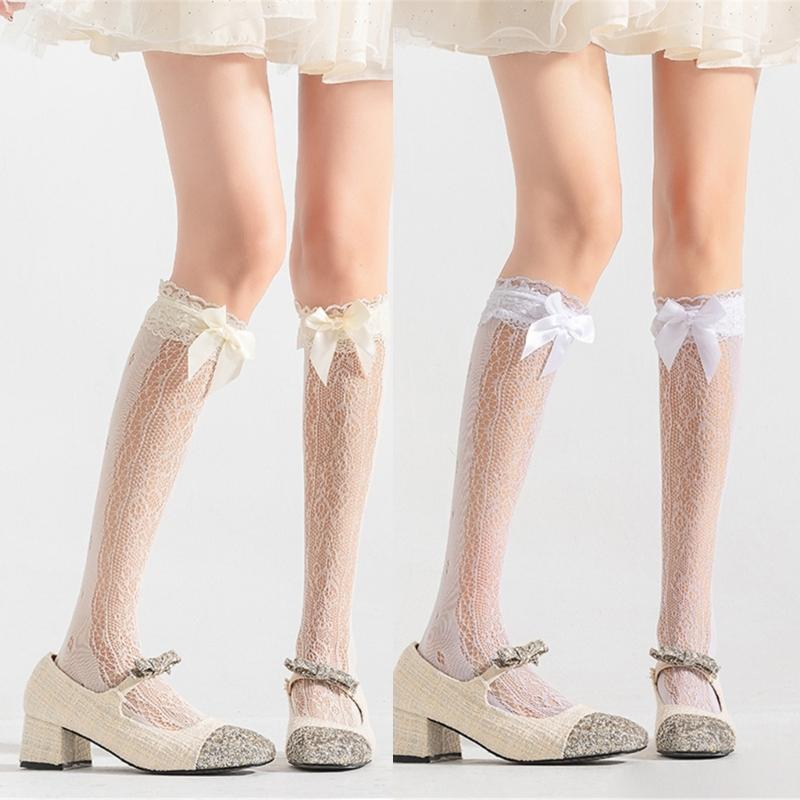 Women's Fishnet Knee Highs Stockings Hollowed Out Calf Socks Sweet Bows Knee Highs Socks