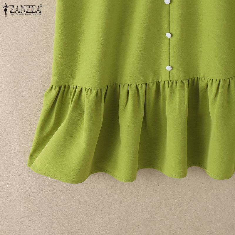 ZANZEA Women Casual V-Neck Short Sleeve Elegant Ruffles Hem Dress