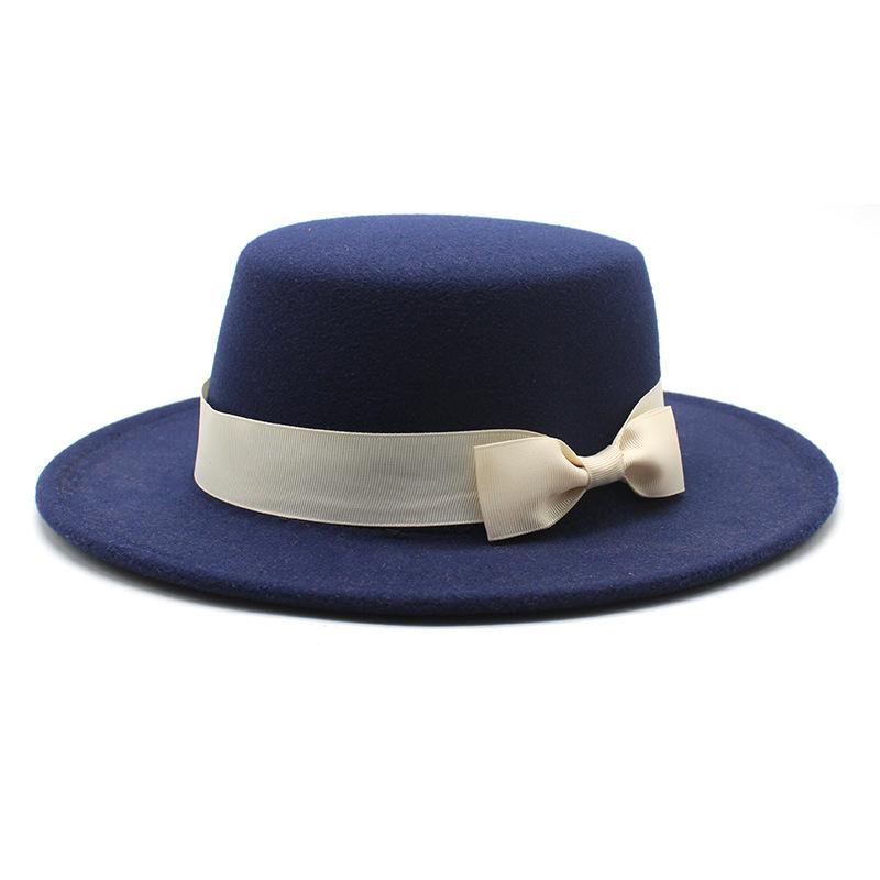 New style autumn and winter men's and women's flat-brimmed hats, fashion bows, flat-topped top hats, men's and women's woolen jazz hats