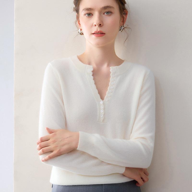 Women's 100% Pure Cashmere Knitwear: Autumn/Winter Half-Open Collar, Multi-Button Base Layer Top