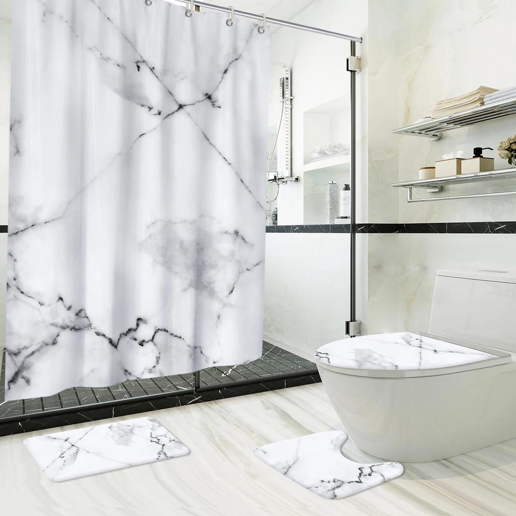 Marble Stain Print Long Shower Curtain Set Bathroom Mat Set Toilet Cover Non-Slip Bath Rug Waterproof Bathtub Decor With Hooks