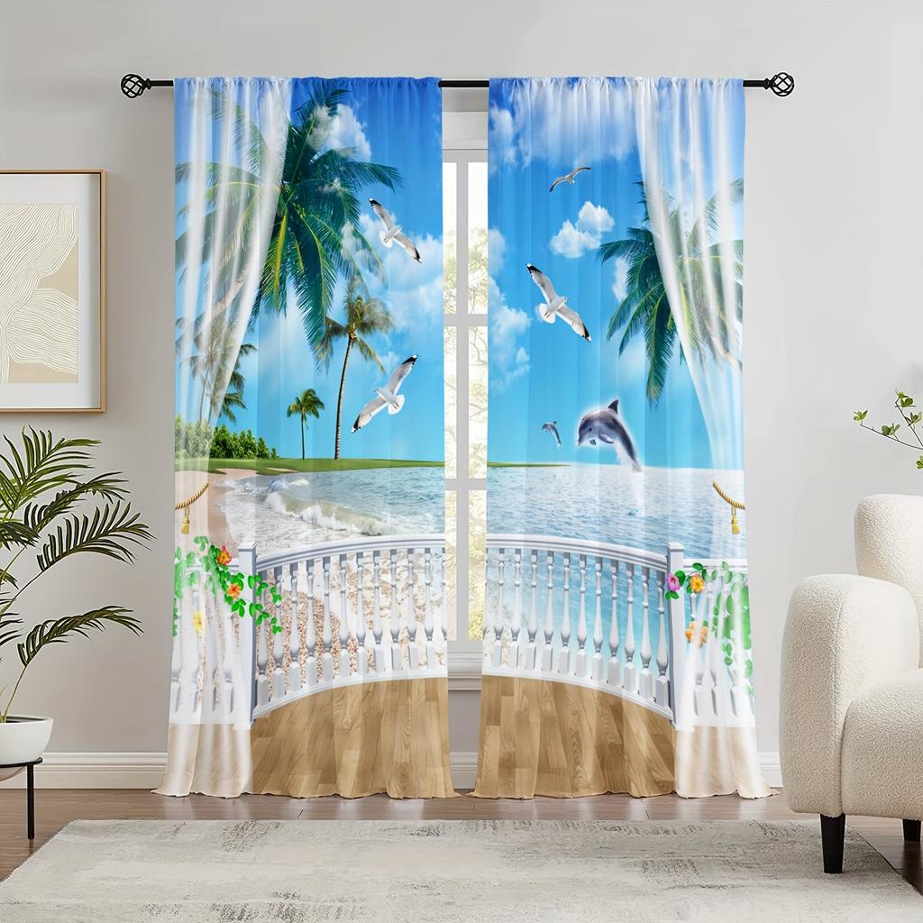 Set Of 2 Modern Tropical Beach Natural Seaside Scenery Curtains Bedroom Study Living Room Balcony Home Decoration Curtain Polyester Perfect For Area