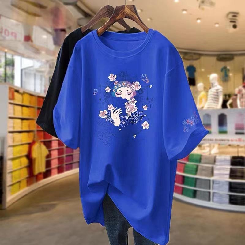 

White cotton short-sleeved T-shirt women s summer national style large size fat mm loose medium and long printed round neck half-sleeved top XXXXL