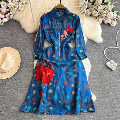 Outono Colorido Bolinhas Denim Vestido Feminino Manga Três Quartos Flor Pássaro Bordado Jeans Zíper A Linha Vestidos de Festa