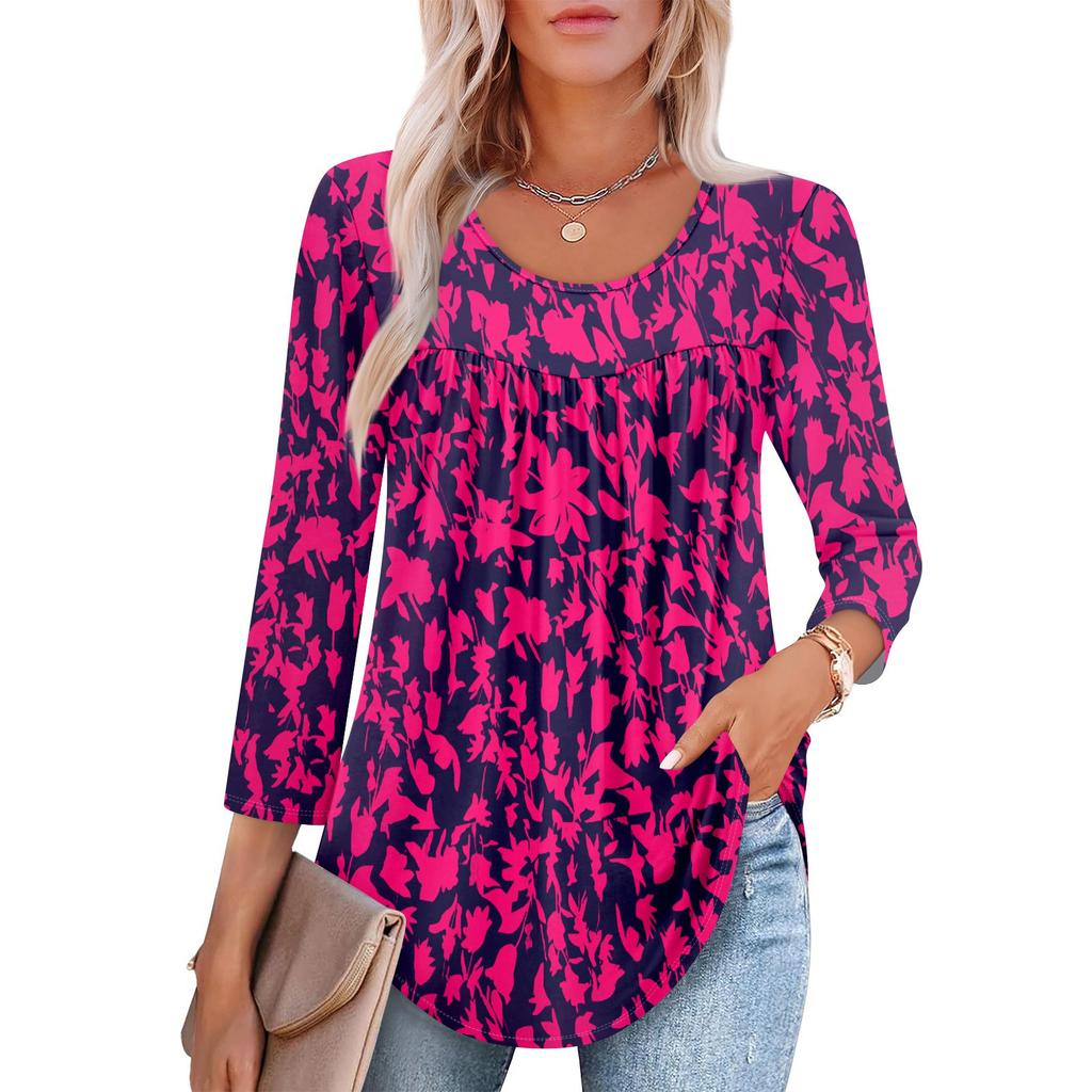 Women's Fashion Seven Sleeve Top Round Neck Pleated Casual Printed Top