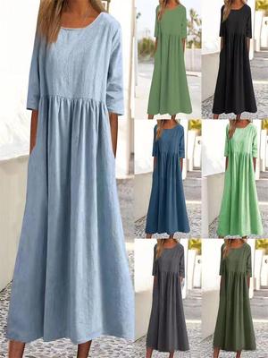 European & American Plus Size Retro Cotton-Linen Pleated Mid-Sleeve Dress