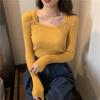 Herbst Lange Ärmel Stricken Tops Mode Taste Dekoration Quadrat Kragen Pullover Koreanische Einfarbig Slim Fit Pullover Frauen 28523