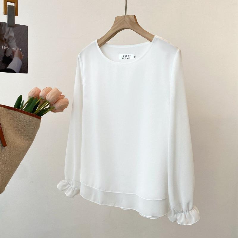 Spring and Summer New Women's Round Neck Long-sleeved Bottoming Top Loose Thin Outer Chiffon Shirt