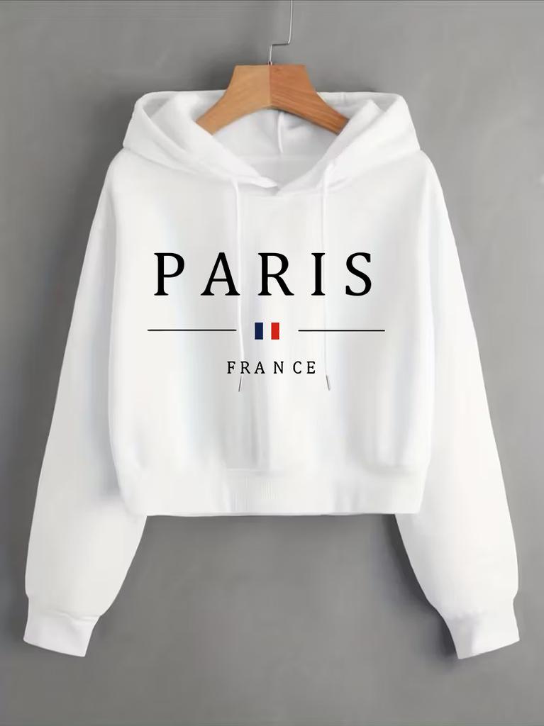 Y2k Paris France Letter Print Autumn Winter Cropped Sweatshirt Crop Top Hoodie Sweatshirts Gothic Casual Grunge Clothing