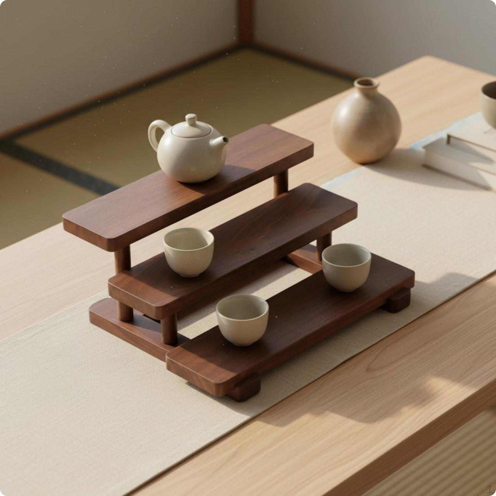 Tea Set Display Rack Tiered Design Walnut Wooden Step Shelf Sturdy Construction three tier