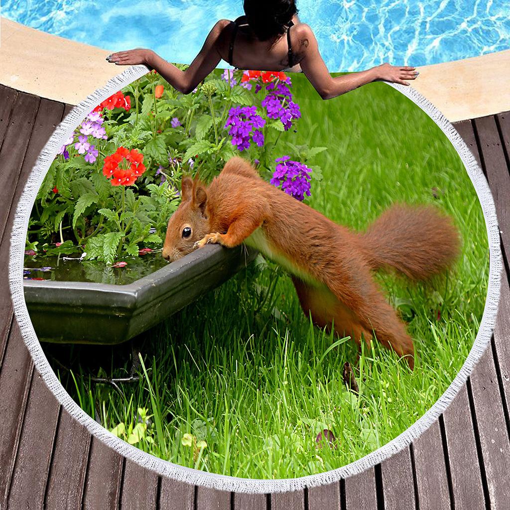 Cute Squirrel Round Beach Towel with Tassels Microfiber Beach Blanket Absorbent Sandproof Circle Bath Towel Meditation Yoga Mat