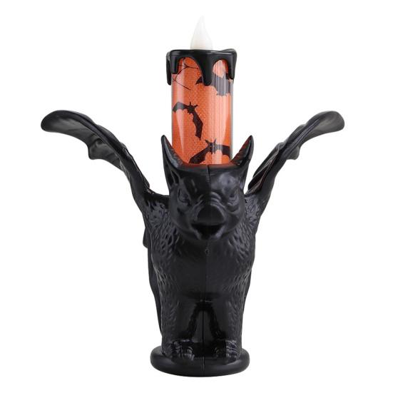 Halloween LED Bat Candle Lamp Flameless Flickering Tabletop Candle Lamp Horror Black Bat Statue Candlestick for Indoor Home Decor