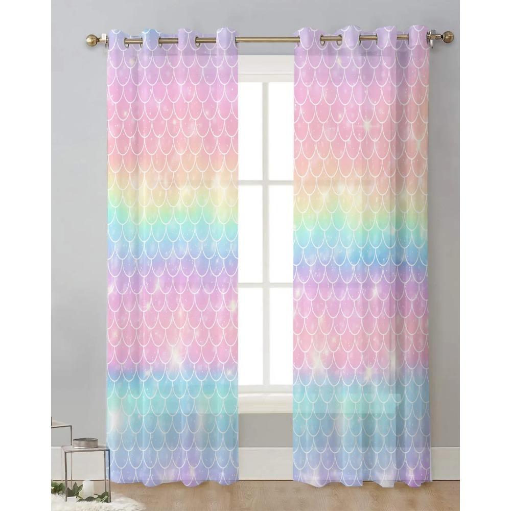 Mermaid Scales Ocean Rainbow Sheer Curtains for Bedroom Living Room Decoration Window Curtain Kitchen Tulle Voile Organza Drapes