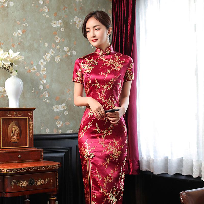 Slim Chinese Traditional Cheongsam Short Sleeve Front Split Vintage Dress Women Long Dress Plum Qipao