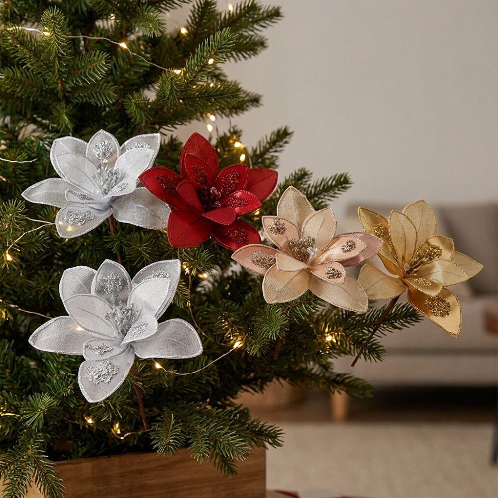 Sparkling Artificial Poinsettia Flower Pick Sequins Christmas Tree Floral Spray Wedding Party