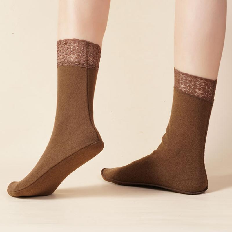 Meias femininas de veludo espessadas, meias de cano médio com borda de renda, lote de meias de veludo para inverno, meias quentes e à prova de frio