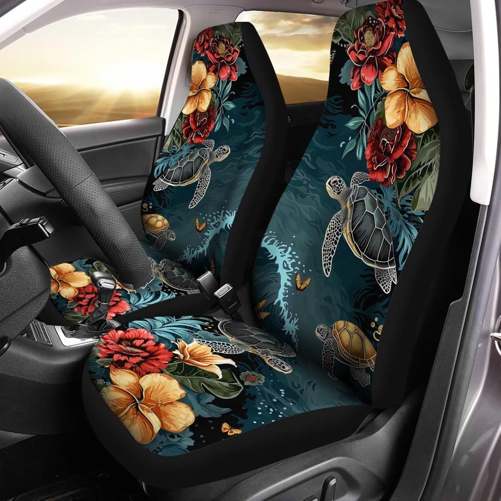 Bulopur Multicolor Polyester Universal Fit Car Truck SUV Van Automotive Seat Covers, 2pcs Front, Hibiscus Floral & Sea Turtle Print