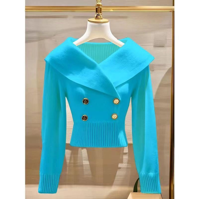 2026 Autumn/Winter French Chic White Lapel Knitwear: Women's Elegant, Waist-Cinched Slimming Sweater.